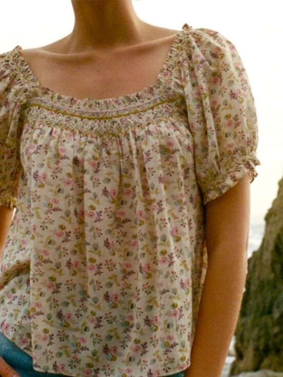 Doen Tops - Doen Cream Floral Smocked Square-Neck Blouse